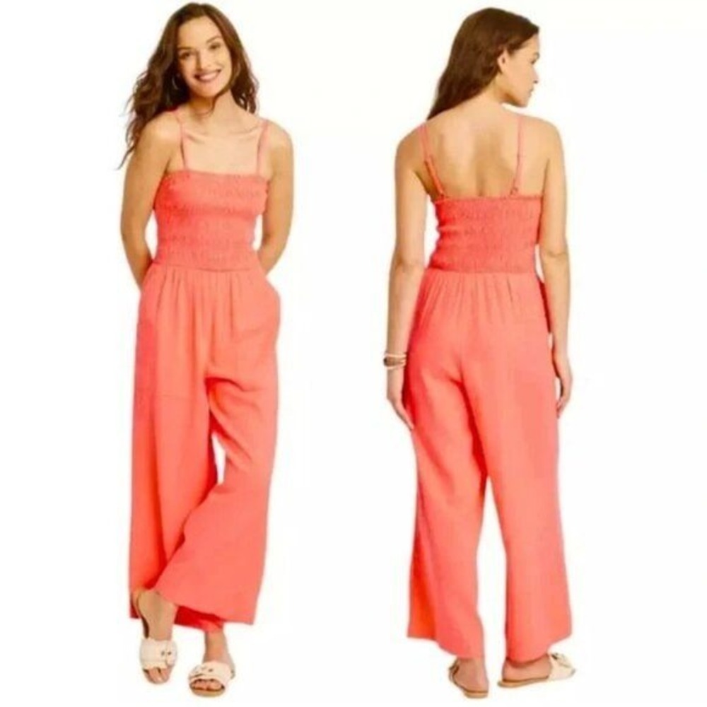 Universal Thread Smocked Linen Blend Jumpsuit Women XS Coral Wide Leg NWT Target